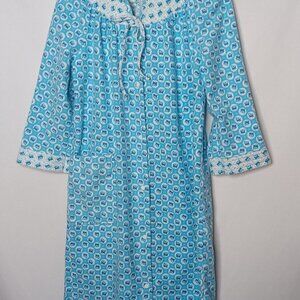 Vintage Dan Ellen Small Nightgown Blue Floral Flannel Snap Front Long Slv USA
